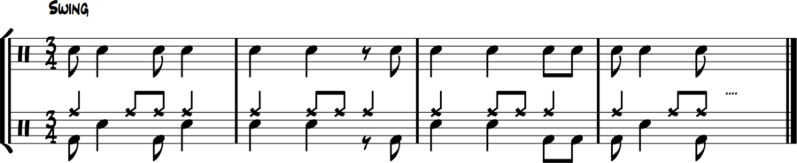 : Reversed voicing 3/4 exercise—bass drum short eighth notes, snare long notes, ride and hi-hat maintain jazz time.

