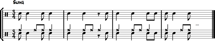 : First 3/4 Syncopation exercise notation—snare drum plays full syncopated melody line, ride cymbal steady jazz time, light hi-hat on 2, optional bass drum feathering on quarters.

