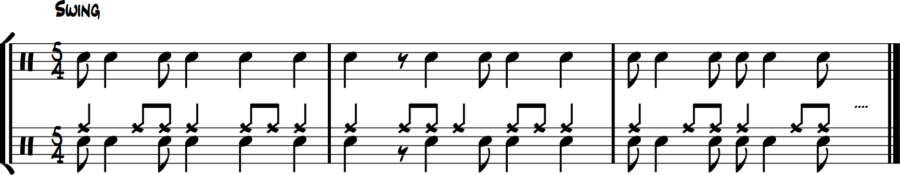 Drum notation showing full syncopated line played on snare over 5/4 jazz time
