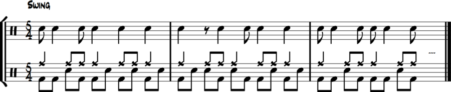Bass drum syncopation with snare filling 8th-note spaces underneath