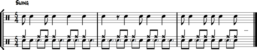 Steady 8th-note shuffle on snare with accented syncopation melody