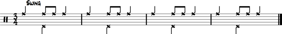 : Drum sheet music for standard 3/4 jazz time baseline—ride cymbal quarter notes, hi-hat chick on beat 2 (left foot), clean waltz timekeeping with no snare or bass drum.

