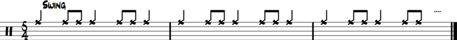 Diagram of standard 5/4 jazz ride cymbal pattern - right hand only timekeeping foundation