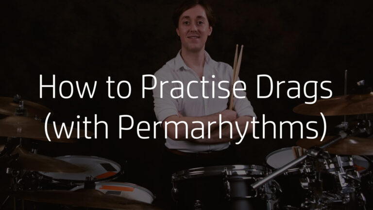 Dynamic drum practice scene featuring Drag rudiment notation overlaid with Permarhythms dot permutations, showing how grace note flams combine with systematic rhythmic grids.