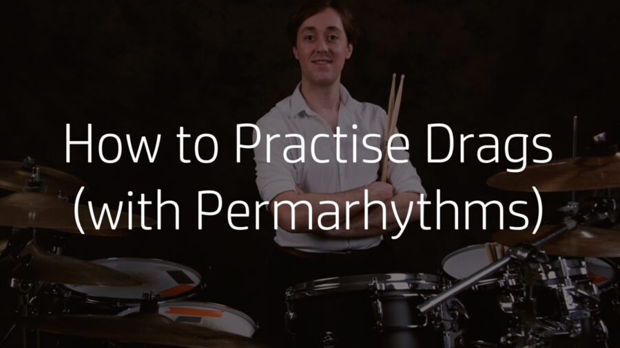 Dynamic drum practice scene featuring Drag rudiment notation overlaid with Permarhythms dot permutations, showing how grace note flams combine with systematic rhythmic grids.