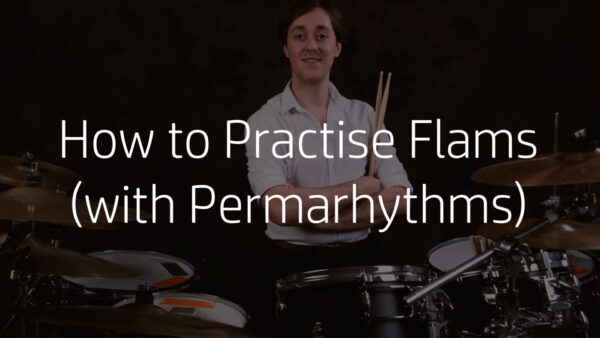 Dynamic drum practice scene featuring flam rudiment notation overlaid with Permarhythms dot permutations, showing how grace note flams combine with systematic rhythmic grids.