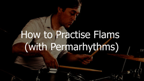 Dynamic drum practice scene featuring flam rudiment notation overlaid with Permarhythms dot permutations, showing how grace note flams combine with systematic rhythmic grids.