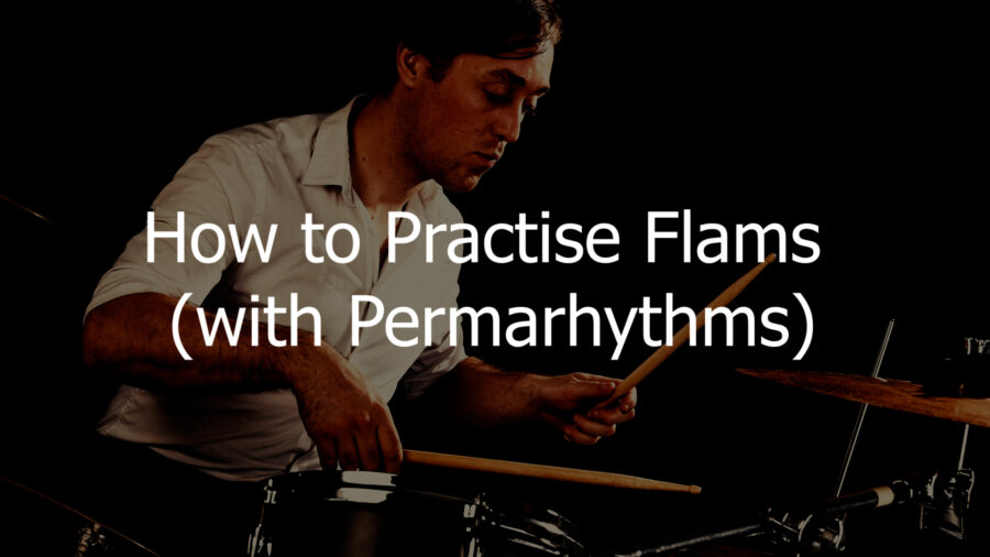 Dynamic drum practice scene featuring flam rudiment notation overlaid with Permarhythms dot permutations, showing how grace note flams combine with systematic rhythmic grids.