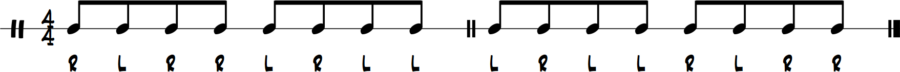 Image showing drum notation for a single paradiddle (R L R R – L R L L) alongside its mirrored paradiddle sticking pattern.

