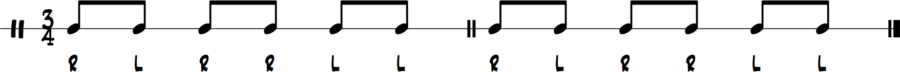 Drum notation of a single paradiddle orchestrated in 3/4 time, labeled as the first Permarhythms example, with sticking written beneath the notes.

