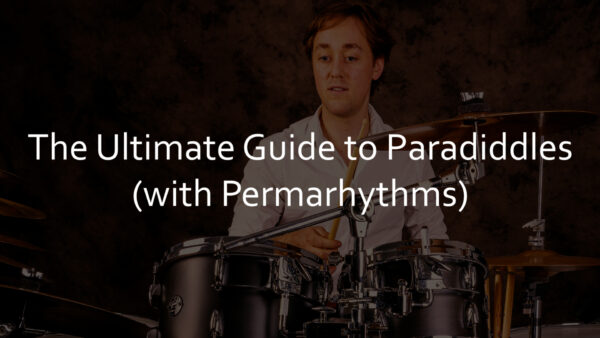 Overhead shot of a drummer practising paradiddles on a pad, with paradiddle stickings and Permarhythms dot permutations overlaid as clean graphic elements.