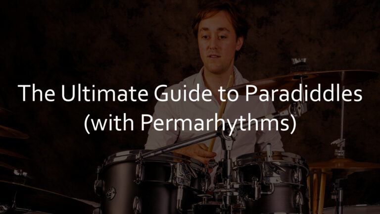 Overhead shot of a drummer practising paradiddles on a pad, with paradiddle stickings and Permarhythms dot permutations overlaid as clean graphic elements.