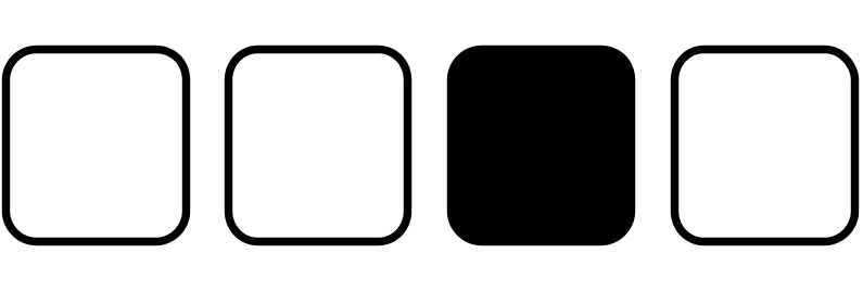 Four-dot rhythmic permutation grid showing the third single-note option, with only the third dot filled black while the first, second and fourth dots remain open.